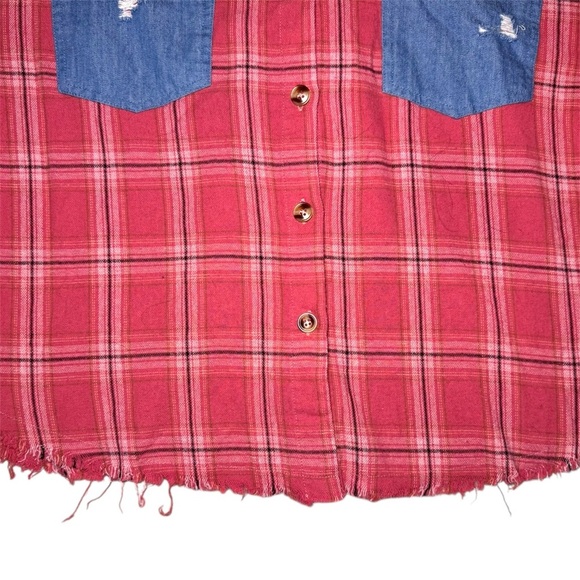 Dance & Marvel Red Plaid and Denim Raw Edge Flannel Women’s Size Medium - Picture 5 of 10